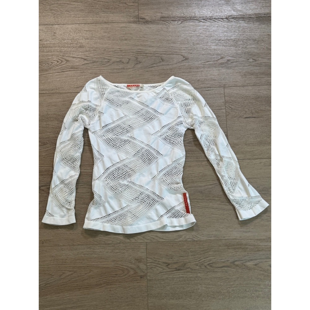 Prada Sport White Mesh Zigzag Knit Long Sleeve Top Linea Rossa Made in Italy - Picture 9 of 9